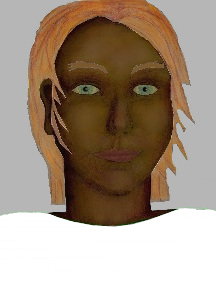a portrait of a person with chocolate skin, red hair, and a white coloured shirt