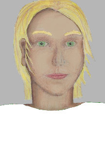 a portrait of a person with cream skin, blonde hair, and a white coloured shirt