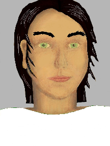 a portrait of a person with golden skin, black hair, and a whitee coloured shirt