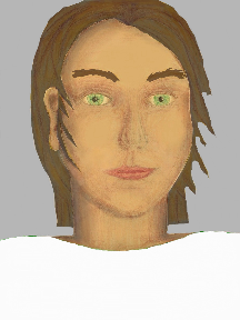 a portrait of a person with golden skin, brown hair, and a white coloured shirt