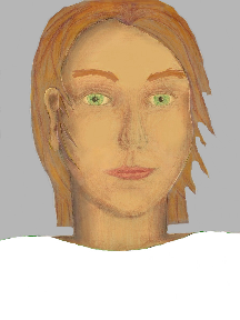 a portrait of a person with golden skin, red hair, and a white coloured shirt