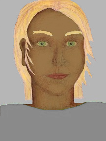 a portrait of a person with caramel skin, blonde hair, and a grey coloured shirt