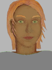 a portrait of a person with caramel skin, red hair, and a grey coloured shirt