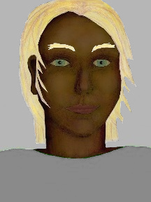 a portrait of a person with chocolate skin, blonde hair, and a grey coloured shirt