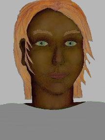 a portrait of a person with chocolate skin, red hair, and a grey coloured shirt