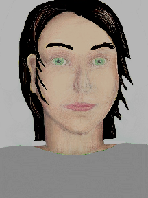 a portrait of a person with cream skin, black hair, and a grey coloured shirt