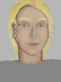 a portrait of a person with cream skin, blonde hair, and a grey coloured shirt