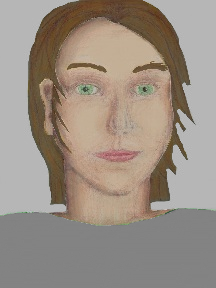 a portrait of a person with cream skin, brown hair, and a grey coloured shirt
