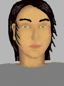 a portrait of a person with golden skin, black hair, and a grey coloured shirt