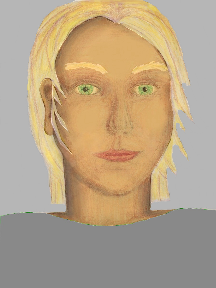 a portrait of a person with golden skin, blonde hair, and a grey coloured shirt