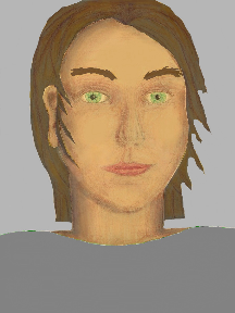a portrait of a person with golden skin, brown hair, and a grey coloured shirt