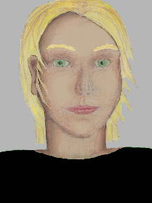 a portrait of a person with cream skin, blonde hair, and a black coloured shirt