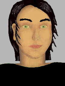 a portrait of a person with golden skin, black hair, and a blacke coloured shirt