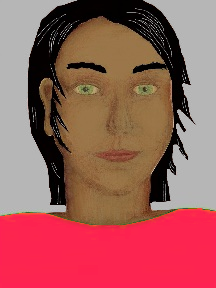 a portrait of a person with caramel skin, black hair, and a coral coloured shirt