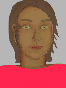 a portrait of a person with caramel skin, brown hair, and a coral coloured shirt