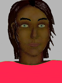 a portrait of a person with chocolate skin, black hair, and a coral coloured shirt