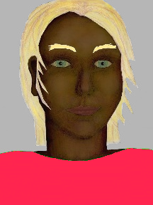 a portrait of a person with chocolate skin, blonde hair, and a coral coloured shirt