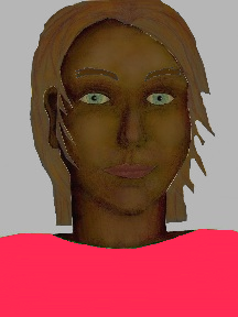 a portrait of a person with chocolate skin, brown hair, and a coral coloured shirt