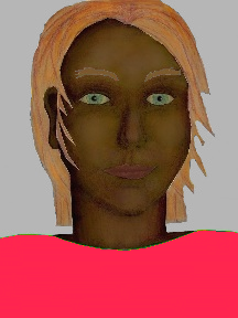 a portrait of a person with chocolate skin, red hair, and a coral coloured shirt