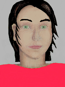 a portrait of a person with cream skin, black hair, and a coral coloured shirt