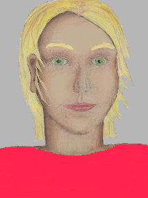 a portrait of a person with cream skin, blonde hair, and a light coral coloured shirt