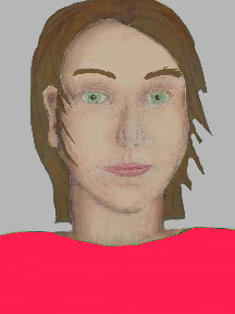 a portrait of a person with cream skin, brown hair, and a coral coloured shirt