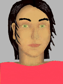 a portrait of a person with golden skin, black hair, and a coral coloured shirt
