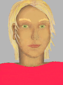 a portrait of a person with golden skin, blonde hair, and a coral coloured shirt