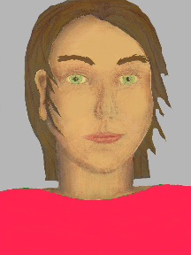 a portrait of a person with golden skin, brown hair, and a coral coloured shirt