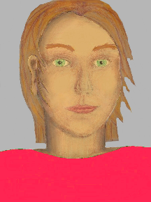 a portrait of a person with golden skin, red hair, and a coral coloured shirt
