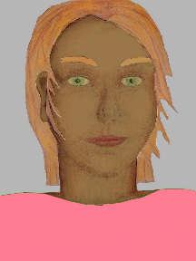a portrait of a person with caramel skin, red hair, and a pink coloured shirt