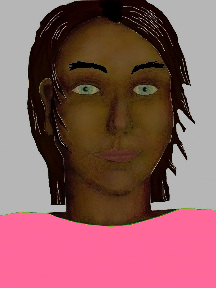 a portrait of a person with chocolate skin, black hair, and a pink shirt