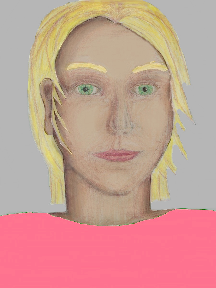 a portrait of a person with cream skin, blonde hair, and a pink coloured shirt