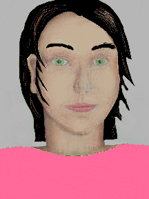 a portrait of a person with cream skin, black hair, and a pink coloured shirt