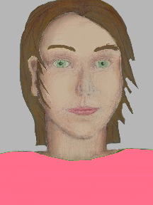 a portrait of a person with cream skin, brown hair, and a pink coloured shirt