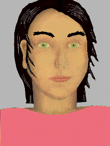 a portrait of a person with golden skin, black hair, and a pink coloured shirt