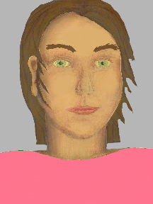 a portrait of a person with golden skin, brown hair, and a pink coloured shirt