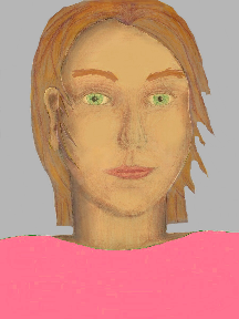 a portrait of a person with golden skin, red hair, and a pink coloured shirt
