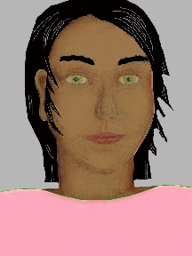 a portrait of a person with caramel skin, black hair, and a light pink coloured shirt