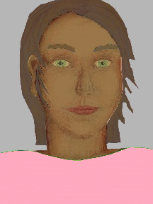 a portrait of a person with caramel skin, brown hair, and a light pink coloured shirt