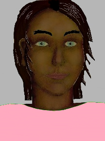a portrait of a person with chocolate skin, black hair, and a light pink coloured shirt