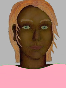 a portrait of a person with chocolate skin, red hair, and a light pink coloured shirt
