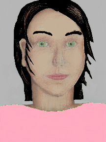 a portrait of a person with cream skin, black hair, and a light pink coloured shirt