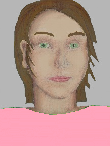 a portrait of a person with cream skin, brown hair, and a light pink coloured shirt