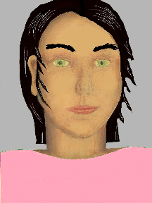 a portrait of a person with golden skin, black hair, and a light pink coloured shirt
