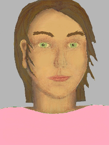 a portrait of a person with golden skin, brown hair, and a light pink coloured shirt
