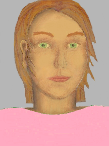 a portrait of a person with golden skin, red hair, and a light pink coloured shirt