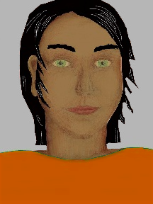 a portrait of a person with caramel skin, black hair, and a orange coloured shirt