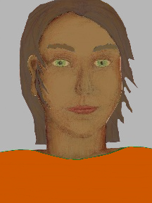 a portrait of a person with caramel skin, brown hair, and a orange coloured shirt