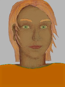 a portrait of a person with caramel skin, red hair, and a orange coloured shirt